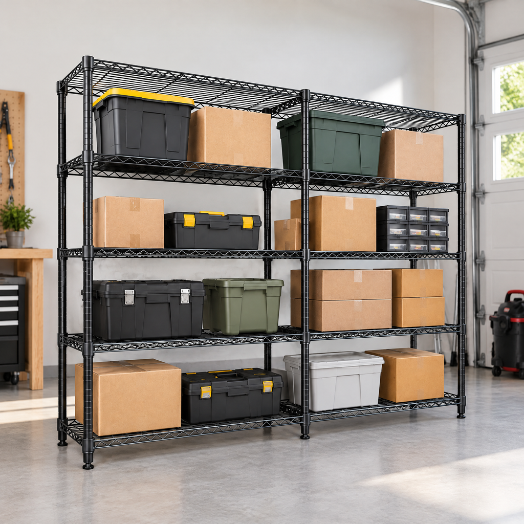 Heavy-duty black metal wire shelving loaded with storage totes in a garage