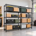 Heavy-duty black metal wire shelving loaded with storage totes in a garage