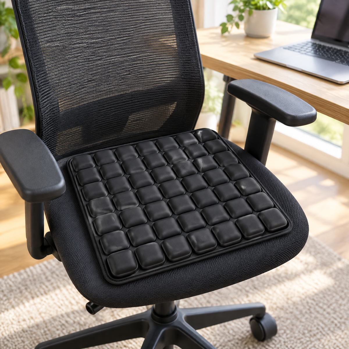 Black 49-cell air seat cushion on a home office chair