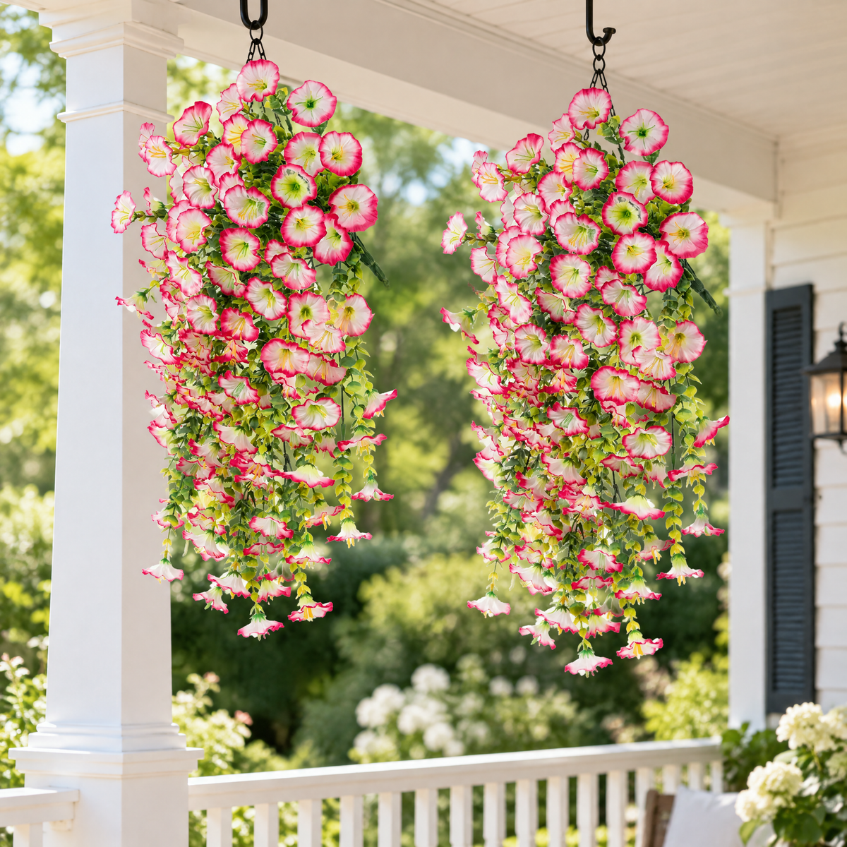 Pink and white artificial hanging flower vines on a covered front porch