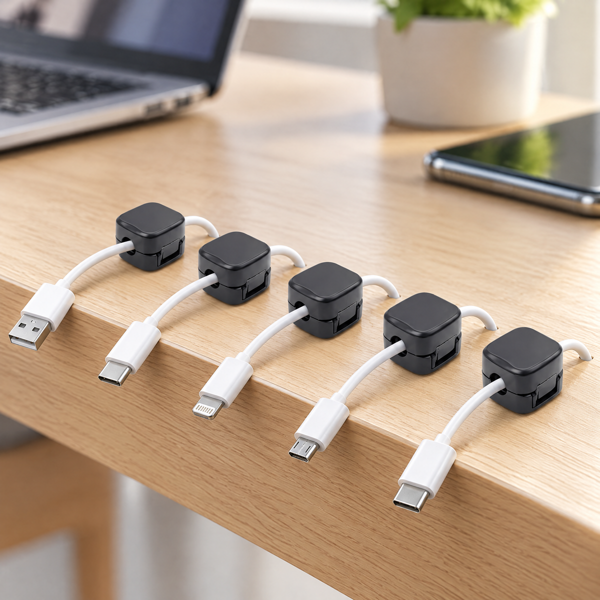 Black magnetic cable clips holding charging cables along a desk edge