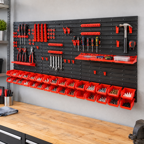 30-bin wall-mounted parts organizer holding screws and hand tools above a garage workbench