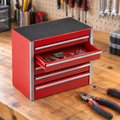 Mini 5-drawer metal tool chest on a garage workbench with a drawer open