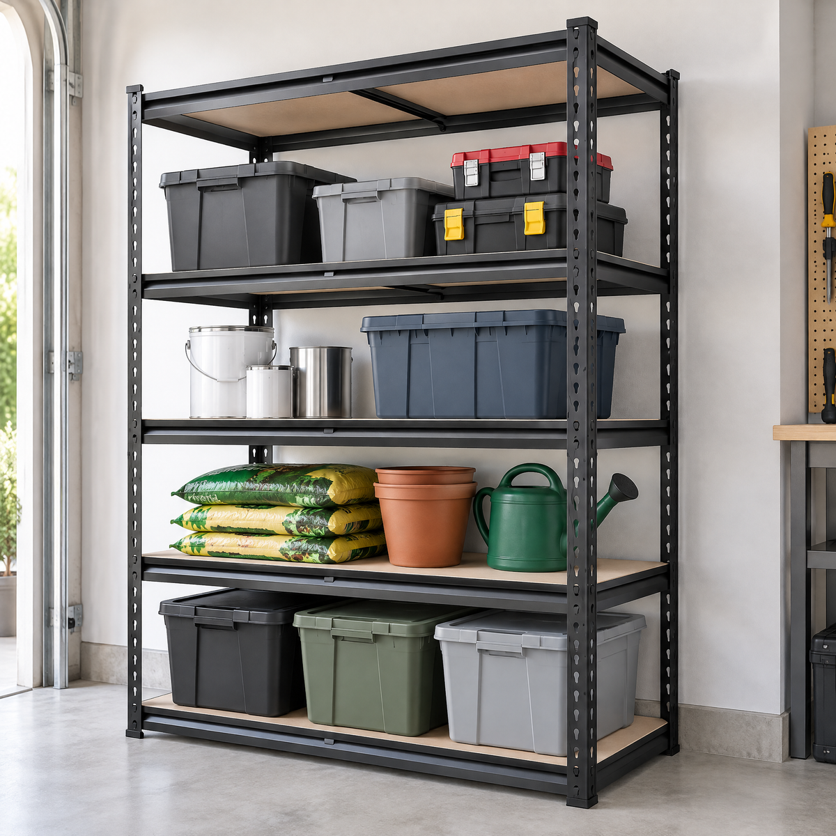 Heavy-duty 5-tier black metal storage rack with totes and garden supplies in a garage